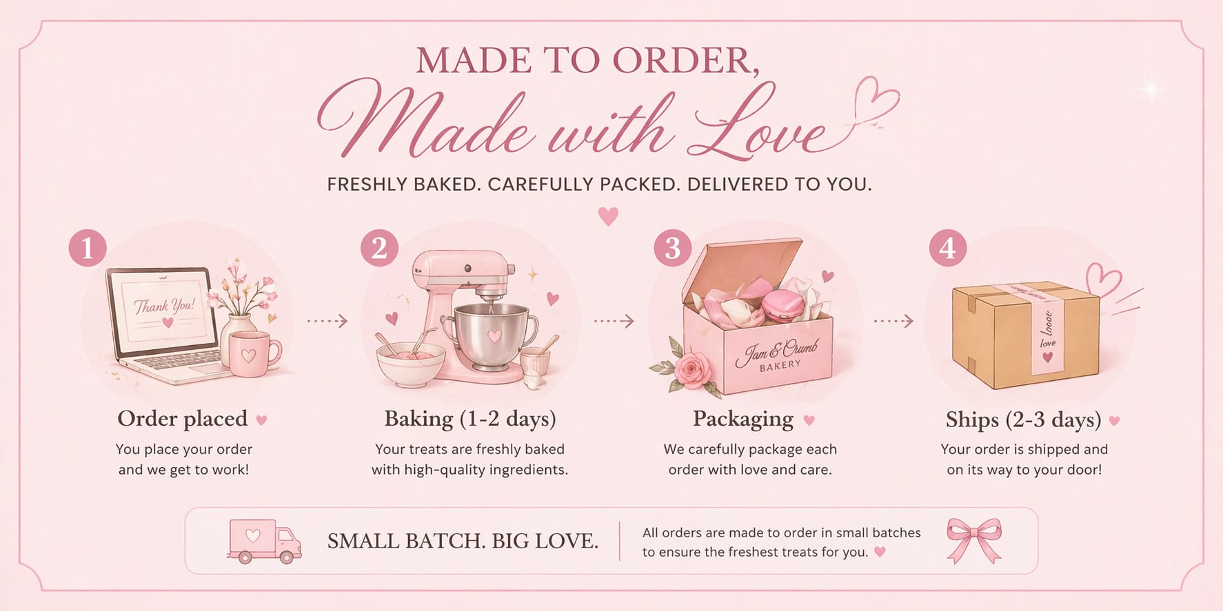 Made to order, made with love — order placed, baking 1-2 days, packaging, ships 2-3 days