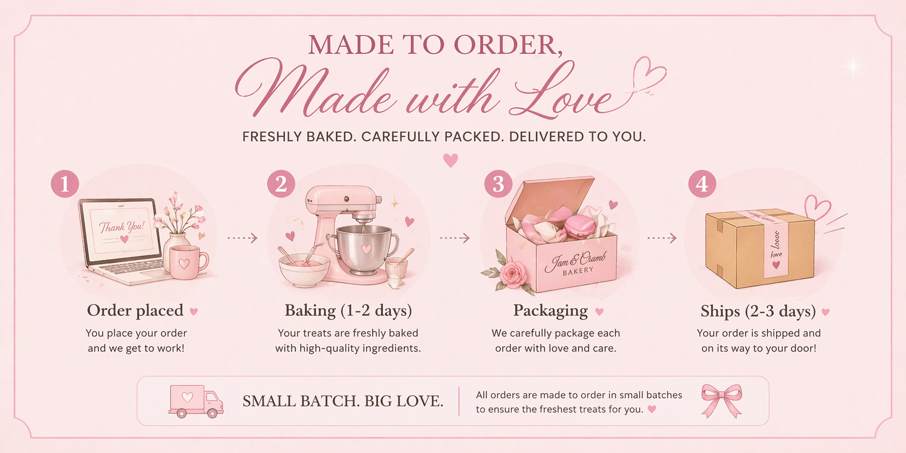 Made to order, made with love — our 4-step process: order placed, baking 1-2 days, packaging, ships 2-3 days